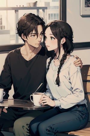 Romantic couple out on coffee date, happy, warm, lovely, sweet, beautiful, Woman (braided black hair, brown eyes), BREAK Handsome Man (Brown hair, green eyes, flat chin)