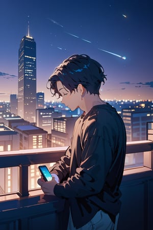 Score_9, Score_8_up, Score_7_up, Score_6_up, Score_5_up, Score_4_up, night, 1boy (black hair), sexy, standing on the balcony of a building,city, modern city, night,looking at the front building, shirt, hetero, brown_hair, night_sky, sky, holding a cell phone in his hand and looking at the cell phone, long_sleeves, cityscape,jaeggernawtcity,2b-Eimi