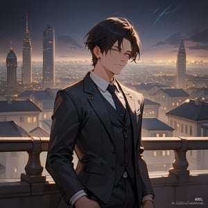 Score_9, Score_8_up, Score_7_up, Score_6_up, Score_5_up, Score_4_up,aa man black hair, sexy guy, standing on the balcony of a building,city, modern city, night,looking at the front building, wearing a suit, sexy pose,leaning on the railing,ciel_phantomhive,jaeggernawt,Indoor,frames,high rise apartment,outdoor, prosthetic_eye, upper_body, fierce, detailed, detailed_face, detailed_eyes, high resolution, bold, korean Manhwa art style, Detailedface,jaeggernawt,manhwa