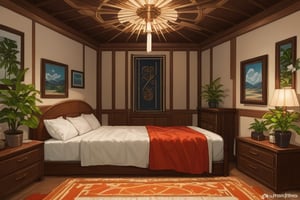 The image showcases a bedroom that exudes a sense of luxury and comfort. The room's design is characterized by rich woodwork. The bed, adorned with an orange throw blanket and pillows, serves as the centerpiece of the room. A large area rug with a complex pattern lies beneath the bed, adding warmth to the space. The floor-to-ceiling windows offer a view of the verdant surroundings, allowing natural light to flood into the room. The presence of potted plants and artwork further enhances the room's inviting ambiance.,Perfect Architecture,digital art,Realistic Enhance