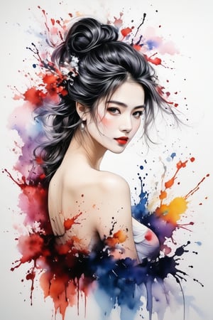 Very beautiful girl, elegant woman, ink droplets, ((colorful: 1.2)), white background, ((masterpiece: 2)), medium shot, bare shoulders, looking at viewer, ((stunning image: 1.5)), Ink art style