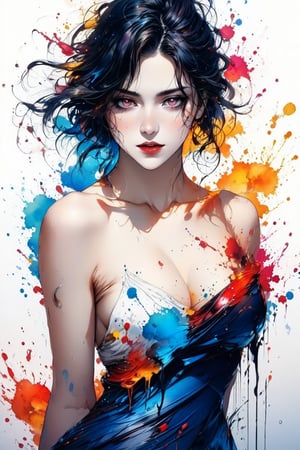 Very beautiful girl, elegant woman, ink droplets, ((colorful: 1.2)), white background, ((masterpiece: 2)), medium shot, bare shoulders, looking at viewer, ((stunning image: 1.5)), Ink art style