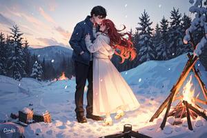 A couple doing couple dance in front the campfire, camping, winter_clothes, winter, cold, hugging, couple_hugging, romance_mood, romantic_theme, sensual_mood,couple_(romantic), sexy_clothes, snowfall, ,open chest sweater,3DMM, 4k render, high_resolution, beautiful_scenery, cinematics, best_lighting, best_perspective, full_body, full-body_portrait,Indian,Btflindngds,AliceWonderlandWaifu, red long hair, distinction between two bodies, good posture, 