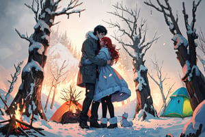 A couple doing couple dance in front the campfire with a litle boy playing, camping, winter_clothes, winter, cold, hugging, couple_hugging, romance_mood, romantic_theme, sensual_mood,couple_(romantic), sexy_clothes, snowfall, ,open chest sweater,3DMM, 4k render, high_resolution, beautiful_scenery, cinematics, best_lighting, best_perspective, full_body, full-body_portrait,Indian,Btflindngds,AliceWonderlandWaifu, red long hair, distinction between two bodies, good posture, 
