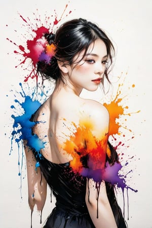 Very beautiful girl, elegant woman, ink droplets, ((colorful: 1.2)), white background, ((masterpiece: 2)), medium shot, bare shoulders, looking at viewer, ((stunning image: 1.5)), Ink art style