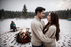 A couple doing couple dance in front the campfire with a children of 6 years playing, camping, winter_clothes, winter, cold, hugging, couple_hugging, romance_mood, romantic_theme, sensual_mood,couple_(romantic), sexy_clothes, snowfall, ,open chest sweater,3DMM, 4k render, high_resolution, beautiful_scenery, cinematics, best_lighting, best_perspective, full_body, full-body_portrait,Indian,Btflindngds,AliceWonderlandWaifu, red long hair, distinction between two bodies, good posture, ,photorealistic