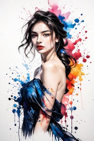 Very beautiful girl, elegant woman, ink droplets, ((colorful: 1.2)), white background, ((masterpiece: 2)), medium shot, bare shoulders, looking at viewer, ((stunning image: 1.5)), Ink art style