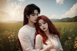 A couple doing couple , 1boy(black hair),1gir(ligth red hair),hugging, couple_hugging, romance_mood, romantic_theme, not corean girl ,home,sensual_mood,couple_(romantic), sexy_clothes, summer, ,open chest shirt,3DMM, 4k render, high_resolution, beautiful_scenery, cinematics, best_lighting, best_perspective, full_body, full-body_portrait,Indian,Btflindngds,AliceWonderlandWaifu,girl red long hair, distinction between two bodies, good posture, ,Enhance