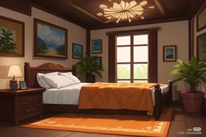 The image showcases a bedroom that exudes a sense of luxury and comfort. The room's design is characterized by rich woodwork, which is evident in the intricate ceiling paneling and the dark wooden furniture. The bed, adorned with an orange throw blanket and pillows, serves as the centerpiece of the room. A large area rug with a complex pattern lies beneath the bed, adding warmth to the space. The floor-to-ceiling windows offer a view of the verdant surroundings, allowing natural light to flood into the room. The presence of potted plants and artwork further enhances the room's inviting ambiance.,Perfect Architecture,digital art,Realistic Enhance