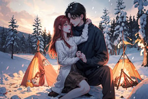A couple doing couple dance in front the campfire, camping, winter_clothes, winter, cold, hugging, couple_hugging, romance_mood, romantic_theme, sensual_mood,couple_(romantic), sexy_clothes, snowfall, ,open chest sweater,3DMM, 4k render, high_resolution, beautiful_scenery, cinematics, best_lighting, best_perspective, full_body, full-body_portrait,Indian,Btflindngds,AliceWonderlandWaifu, red long hair, distinction between two bodies, good posture, 