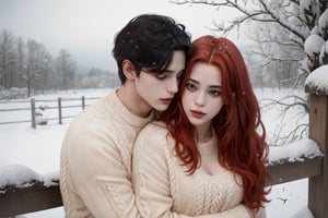 A couple doing couple , 1boy(black hair),1gir(red hair),hugging, couple_hugging, romance_mood, romantic_theme, not coran girl sensual_mood,couple_(romantic), sexy_clothes, snowfall, ,open chest sweater,3DMM, 4k render, high_resolution, beautiful_scenery, cinematics, best_lighting, best_perspective, full_body, full-body_portrait,Indian,Btflindngds,AliceWonderlandWaifu,girl red long hair, distinction between two bodies, good posture, 
