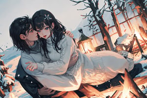 A couple doing couple dance in front the campfire, camping, winter_clothes, winter, cold, hugging, couple_hugging, romance_mood, romantic_theme, sensual_mood,couple_(romantic), sexy_clothes, snowfall, ,open chest sweater,3DMM, 4k render, high_resolution, beautiful_scenery, cinematics, best_lighting, best_perspective, full_body, full-body_portrait,Indian,Btflindngds,AliceWonderlandWaifu, black long hair, distinction between two bodies, good posture, 