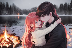 A couple doing couple dance in front the campfire with a children of 7 years playing, camping, winter_clothes, winter, cold, hugging, couple_hugging, romance_mood, romantic_theme, sensual_mood,couple_(romantic), sexy_clothes, snowfall, ,open chest sweater,3DMM, 4k render, high_resolution, beautiful_scenery, cinematics, best_lighting, best_perspective, full_body, full-body_portrait,Indian,Btflindngds,AliceWonderlandWaifu, red long hair, distinction between two bodies, good posture, ,photorealistic