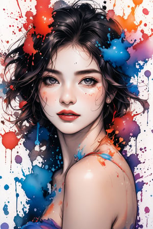 Very beautiful girl, elegant woman, ink droplets, ((colorful: 1.2)), white background, ((masterpiece: 2)), medium shot, bare shoulders, looking at viewer, ((stunning image: 1.5)), Ink art style