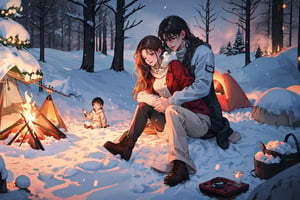 A couple doing couple dance in front the campfire with a litle boy playing, camping, winter_clothes, winter, cold, hugging, couple_hugging, romance_mood, romantic_theme, sensual_mood,couple_(romantic), sexy_clothes, snowfall, ,open chest sweater,3DMM, 4k render, high_resolution, beautiful_scenery, cinematics, best_lighting, best_perspective, full_body, full-body_portrait,Indian,Btflindngds,AliceWonderlandWaifu, red long hair, distinction between two bodies, good posture, 