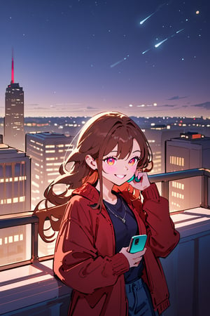 Score_9, Score_8_up, Score_7_up, Score_6_up, Score_5_up, Score_4_up, night, 1girl (red long  hair), sexy, standing on the balcony of a building,city, modern city, night,looking at the front building, shirt, hetero, brown_hair, night_sky, sky, holding a cell phone in his hand and looking at the cell phone,smiling, long_sleeves, cityscape,jaeggernawtcity,2b-Eimi