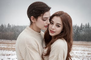 A couple doing couple , hugging, couple_hugging, romance_mood, romantic_theme, sensual_mood,couple_(romantic), sexy_clothes, snowfall, ,open chest sweater,3DMM, 4k render, high_resolution, beautiful_scenery, cinematics, best_lighting, best_perspective, full_body, full-body_portrait,Indian,Btflindngds,AliceWonderlandWaifu,girl red long hair, distinction between two bodies, good posture, 