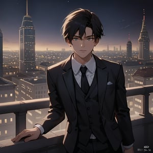 a man black hair, sexy guy, standing on the balcony of a building,city, modern city, night,looking at the front building, wearing a suit, sexy pose,leaning on the railing,ciel_phantomhive,jaeggernawt,Indoor,frames,high rise apartment,outdoor, prosthetic_eye, upper_body, fierce, detailed, detailed_face, detailed_eyes, high resolution, bold, korean Manhwa art style, Detailedface,jaeggernawt,manhwa,