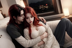 A couple doing couple , 1boy(black hair),1gir(red hair),hugging, couple_hugging, romance_mood, romantic_theme, not corean girl ,home,sensual_mood,couple_(romantic), sexy_clothes, summer, ,open chest shirt,3DMM, 4k render, high_resolution, beautiful_scenery, cinematics, best_lighting, best_perspective, full_body, full-body_portrait,Indian,Btflindngds,AliceWonderlandWaifu,girl red long hair, distinction between two bodies, good posture, 