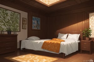 The image showcases a bedroom that exudes a sense of luxury and comfort. The room's design is characterized by rich woodwork, which is evident in the intricate ceiling paneling and the dark wooden furniture. The bed, adorned with an orange throw blanket and pillows, serves as the centerpiece of the room. A large area rug with a complex pattern lies beneath the bed, adding warmth to the space. The floor-to-ceiling windows offer a view of the verdant surroundings, allowing natural light to flood into the room. The presence of potted plants and artwork further enhances the room's inviting ambiance.,Perfect Architecture,digital art,Realistic Enhance