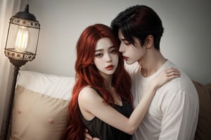 A couple doing couple , 1boy(black hair),1gir(ligth red hair),hugging, couple_hugging, romance_mood, romantic_theme, not corean girl ,home,sensual_mood,couple_(romantic), sexy_clothes, summer, ,open chest shirt,3DMM, 4k render, high_resolution, beautiful_scenery, cinematics, best_lighting, best_perspective, full_body, full-body_portrait,Indian,Btflindngds,AliceWonderlandWaifu,girl red long hair, distinction between two bodies, good posture, ,Enhance
