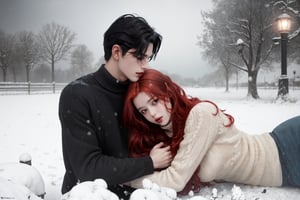 A couple doing couple , 1boy(black hair),1gir(red hair),hugging, couple_hugging, romance_mood, romantic_theme, sensual_mood,couple_(romantic), sexy_clothes, snowfall, ,open chest sweater,3DMM, 4k render, high_resolution, beautiful_scenery, cinematics, best_lighting, best_perspective, full_body, full-body_portrait,Indian,Btflindngds,AliceWonderlandWaifu,girl red long hair, distinction between two bodies, good posture, 