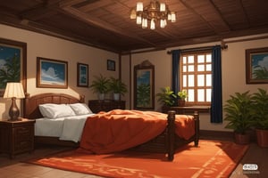 The image showcases a bedroom that exudes a sense of luxury and comfort. The room's design is characterized by rich woodwork. The bed, adorned with an orange throw blanket and pillows, serves as the centerpiece of the room. A large area rug with a complex pattern lies beneath the bed, adding warmth to the space. The floor-to-ceiling windows offer a view of the verdant surroundings, allowing natural light to flood into the room. The presence of potted plants and artwork further enhances the room's inviting ambiance.,Perfect Architecture,digital art,Realistic Enhance