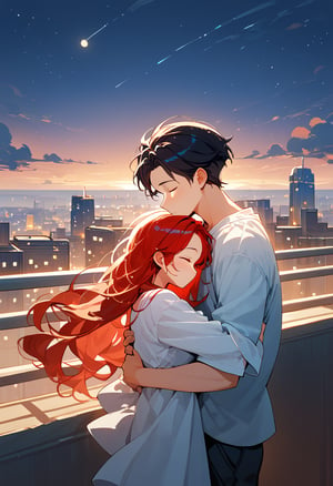 score_9, score_8_up, score_7_up, score_6_up, score_5_up, score_4_up,

1girl (red hair), long_hair, hug, night, 1boy (black hair), Man_hugs_girl_from_behind, shirt, hetero, brown_hair, night_sky, couple, sky, long_sleeves, cityscape,jaeggernawt