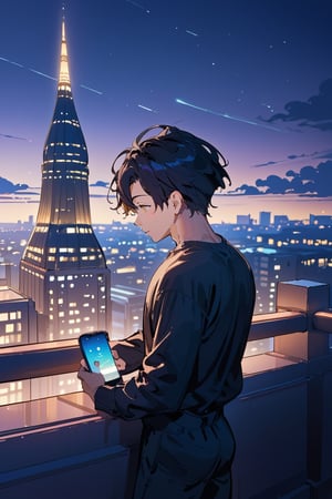 Score_9, Score_8_up, Score_7_up, Score_6_up, Score_5_up, Score_4_up, night, 1boy (black hair), sexy, standing on the balcony of a building,city, modern city, night,looking at the front building, shirt, hetero, brown_hair, night_sky, sky, holding a cell phone in his hand and looking at the cell phone, long_sleeves, cityscape,jaeggernawtcity,2b-Eimi