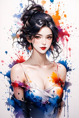 Very beautiful girl, elegant woman, ink droplets, ((colorful: 1.2)), white background, ((masterpiece: 2)), medium shot, bare shoulders, looking at viewer, ((stunning image: 1.5)), Ink art style