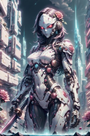 (4k), (masterpiece), (best quality),(extremely intricate), (realistic), (sharp focus), (cinematic lighting), (extremely detailed), 

A futuristic, augmented ninja girl with a rose, standing in a neon-lit city at night. She is wearing a black bodysuit with glowing blue accents, and her face is covered by a mask with red eyes. In her right hand, she is holding a katana sword, and in her left hand, she is holding a rose. The city around her is full of skyscrapers and flying cars, and the sky is a deep purple color. The overall tone of the image is dark and futuristic, with a splash of color from the rose.

,DonMR0s30rd3r
,futubot 
,neotech, sleek
,flower4rmor, flowers in hair, flower ninja armor
,hackedtech, scifi, blue hues
