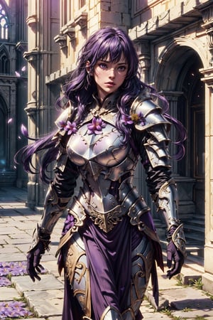 (4k), (masterpiece), (best quality),(extremely intricate), (realistic), (sharp focus), (cinematic lighting), (extremely detailed),

A girl knight in white plate armor with orchid purple embroideries, walking across a cathedral courtyard, her sword raised in defiance. The sun is shining through her  flowing long orchid purple hair giving the scene a slightly purple tint.

,flower4rmor, flower warrior armor,Flower
,matwaretech, scifi, purple hues
,stealthtech
,glyphtech