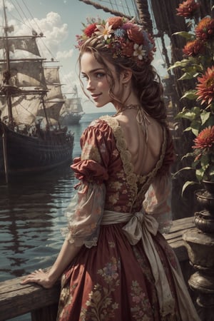 (4k), (masterpiece), (best quality),(extremely intricate), (realistic), (sharp focus), (cinematic lighting), (extremely detailed),

A young beautiful girl posing with back turned to the viewer in a caribbean pirate ship harbor. She is wearing red summer dress. 
She has bright smile and cute sparkling eyes.

,flower4rmor, flowers in hair, Flower, flower summer dress, 
,DonM4lbum1n
,Pirates of the Caribbean
,DonMChr0m4t3rr4 