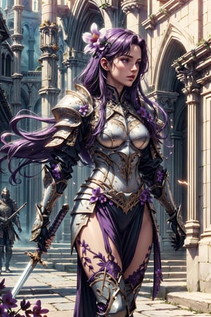 (4k), (masterpiece), (best quality),(extremely intricate), (realistic), (sharp focus), (cinematic lighting), (extremely detailed),

A girl knight in white plate armor with orchid purple embroideries, walking across a cathedral courtyard, her sword raised in defiance. The sun is shining through her  flowing long orchid purple hair giving the scene a slightly purple tint.

,flower4rmor, flower warrior armor,Flower
,matwaretech, scifi, purple hues
,stealthtech
,glyphtech