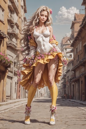 (4k), (masterpiece), (best quality),(extremely intricate), (realistic), (sharp focus), (cinematic lighting), (extremely detailed), (full body),

A beautiful young girl with long blonde hair is posing with back turned to the viewer in the city street.

She has bright smile and sparkling eyes. 

She is wearing white sleveless bodysuit, it has straps top with a V neck and goes all the way down to her knees. She is wearing a yellow tank top over the bodysuit. Se is also wearing a flowing yellow skirt over the bodysuit.

,flower4rmor, flowers in hair, flower laced bodysuit
,matwaretech, scifi, yellow hues
,DonMChr0m4t3rr4 ,DonM4lbum1n