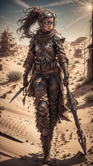 (4k), (masterpiece), (best quality),(extremely intricate), (realistic), (sharp focus), (cinematic lighting), (extremely detailed), 

A young girl dune warrior stands tall on a ridge of sand, her eyes scanning the horizon for any sign of danger. She is wearing a weathered leather jerkin and a pair of goggles to protect her eyes from the sand. Her long dark hair is tied back in a ponytail, and she has a determined look on her face. In her hands, she wields a sleek metal spear, and she is ready to face whatever challenges the dunes may throw her way.

,davincitech,Des3rt4rmor