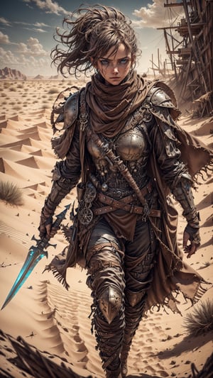 (4k), (masterpiece), (best quality),(extremely intricate), (realistic), (sharp focus), (cinematic lighting), (extremely detailed), 

A young girl dune warrior named Leila stands tall on a dune, her eyes scanning the horizon for danger. She is wearing a weathered leather armor and a scarf to protect her from the sand and wind. In her hands, she wields a spear and a dagger. Leila is ready to face any challenge that comes her way.

,davincitech,Des3rt4rmor
