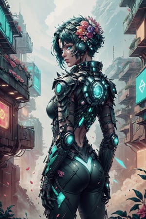 (4k), (masterpiece), (best quality),(extremely intricate), (realistic), (sharp focus), (cinematic lighting), (extremely detailed),

A young beautiful tech ninja girl posing with back turned to the viewer in a vyberpunk neon city. She is wearing black ninja leather armor with cutting edge technology gadgets. 

,flower4rmor, flowers in hair, Flower, flower ninja armor, 
,DonM4lbum1n
,DonMChr0m4t3rr4 
,hackedtech, scifi, green hues, cutting edge, cyberpunk
,stealthtech, scifi, cutting edge