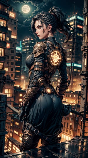 (4k), (masterpiece), (best quality),(extremely intricate), (realistic), (sharp focus), (cinematic lighting), (extremely detailed),

A girl in futuristic armor stood on a rooftop overlooking a neon-lit city. The city stretched out before her, a dazzling expanse of lights and skyscrapers. The girl's armor gleamed in the moonlight, and her eyes were sharp and focused. She was a warrior, a protector of the city, and she was ready for whatever came her way.

The wind whipped her hair around her face as she gazed out at the city. She could see the people moving below, their lives carried along by the currents of the city. She felt a sense of responsibility to them, to protect them from the dangers that lurked in the shadows.

She took a deep breath and turned away from the city. She had a job to do. She had to find the threat that was hanging over the city and stop it before it was too late. She knew that it would be dangerous, but she was not afraid. She was a warrior, and she was ready to fight.

She stepped off the edge of the rooftop and leapt into the night.

,uraniumtech
,steam4rmor, steampunk bodysuit,fate/stay background