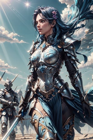 (4k), (masterpiece), (best quality),(extremely intricate), (realistic), (sharp focus), (cinematic lighting), (extremely detailed),

A girl knight in shiny white plate armor with cerulean blue embroideries, walking across a battlefield, her sword raised in defiance. The sun is shining through her flowing long blue hair giving the scene a slightly blue tint.

,flower4rmor, flower warrior armor,Flower
,matwaretech, scifi, blue hues
,stealthtech
,glyphtech