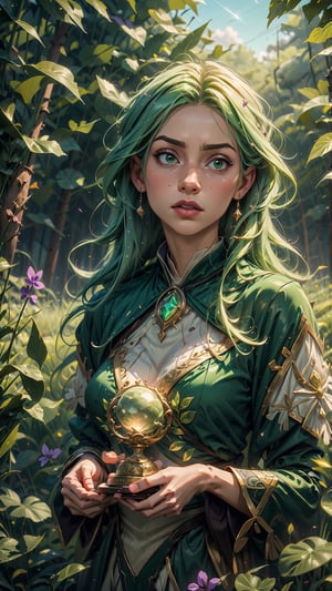 (4k), (masterpiece), (best quality),(extremely intricate), (realistic), (sharp focus), (award winning), (cinematic lighting), (extremely detailed), 

A young sorceress with long pastel green hair, standing in a field of tall grass. She is wearing a flowing emerald green robe. She is surrounded by a swirling vortex of nature energy.
,violet evergarden,EpicSky