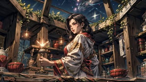 (4k), (masterpiece), (best quality),(extremely intricate), (realistic), (sharp focus), (award winning), (cinematic lighting), (extremely detailed), 

A young sorceress girl stands in a dimly lit room, her white robes flowing behind her. She has long, black hair, and piercing red eyes. In her hands, she holds a glowing staff.

She is standing in a tower, looking out at the stars.

She is clearly a powerful and knowledgeable sorceress.

The sorceress is focused on her task, but she also has a mischievous glint in her eye. She is clearly excited about the power that she possesses, and she is eager to use it to make a difference in the world.,EpicSky,Isometric_Setting,FFIXBG,TreeAIv2