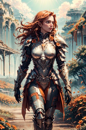 (4k), (masterpiece), (best quality),(extremely intricate), (realistic), (sharp focus), (cinematic lighting), (extremely detailed),

A girl knight in white plate armor with tangerine orange embroideries, walking across an autumn battlefield, her sword raised in defiance. The sun is shining through her flowing long orange hair giving the scene a slightly orange tint.

,flower4rmor, flower warrior armor,Flower
,matwaretech, scifi, orange hues
,stealthtech
,glyphtech