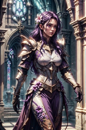 (4k), (masterpiece), (best quality),(extremely intricate), (realistic), (sharp focus), (cinematic lighting), (extremely detailed),

A girl knight in white plate armor with orchid purple embroideries, walking across a cathedral hall, her sword raised in defiance. She has flowing long orchid purple hair. The sun is shining through a cathedral purple tinted glass window giving the scene a slightly purple tint.

,flower4rmor, flower warrior armor,Flower
,matwaretech, scifi, purple hues
,stealthtech
,glyphtech