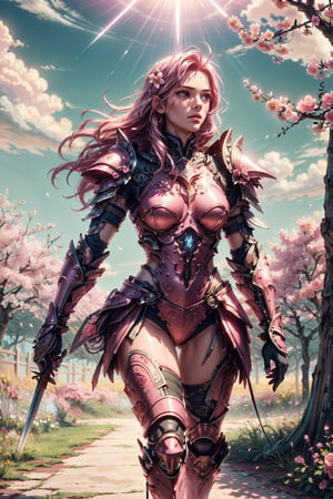 (4k), (masterpiece), (best quality),(extremely intricate), (realistic), (sharp focus), (cinematic lighting), (extremely detailed),

A girl knight in white plate armor with rose pink embroideries, walking across a cherry blossom garden, her sword raised in defiance. The sun is shining through her flowing long pink hair giving the scene a slightly pink tint.

,flower4rmor, flower warrior armor,Flower
,matwaretech, scifi, pink hues
,stealthtech
,glyphtech