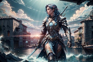 (4k), (masterpiece), (best quality),(extremely intricate), (realistic), (sharp focus), (cinematic lighting), (extremely detailed),

A girl knight in white plate armor with cerulean blue embroideries, walking within a medieval port city, ocean in the far background, her sword raised in defiance. The sun is shining through her flowing long blue hair giving the scene a slightly blue tint.

,flower4rmor, flower warrior armor,Flower
,matwaretech, scifi, blue hues
,stealthtech
,glyphtech