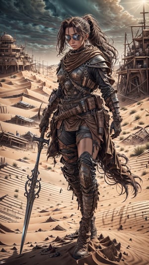 (4k), (masterpiece), (best quality),(extremely intricate), (realistic), (sharp focus), (cinematic lighting), (extremely detailed), 

A young girl dune warrior stands tall on a ridge of sand, her eyes scanning the horizon for any sign of danger. She is wearing a weathered leather jerkin and a pair of goggles to protect her eyes from the sand. Her long dark hair is tied back in a ponytail, and she has a determined look on her face. In her hands, she wields a sleek metal spear, and she is ready to face whatever challenges the dunes may throw her way.

,Des3rt4rmor,glasstech