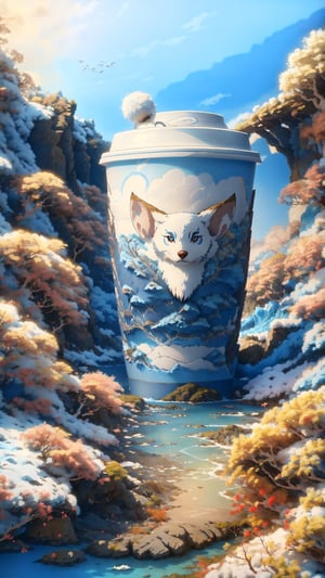 (white belly fur, white fur around eyes, white paws, white legs, white face),
The TenTen is a new animal that is a mix of an owl, a wolf, and a bunny. It is very cute, with big cerulean blue eyes, pointy ears, blue fluffy fur, and a long tail. The TenTen's fur is blue with cerulean blue patterns and with white markings on its chest, belly, and paws. TenTen has three sapphire gems on its forehead, It is a curious and playful animal that lives in high iceberg mountains.Blue fur, white fur

Cool phone wallpaper:
Kawai TenTen,
morning sun rising over alpnie mountain tops, TenTen proudly posing in the hopes of winning the cutest tensor.art mascot contest,

Vector art style,muted color scheme,vintagepaper,ink scenery,ornate details, subtle gradients, perfect symmetrical, studio ghibli,TreeAIv2,(paper cup)