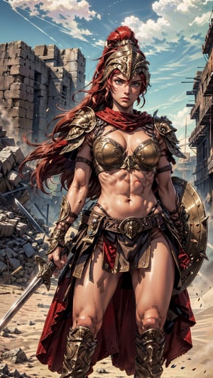 (4k), (masterpiece), (best quality),(extremely intricate), (realistic), (sharp focus), (cinematic lighting), (extremely detailed),

A fierce and beautiful female warrior standing in a battlefield. She has long red hair tighed back into a ponytail. She is wearing a full suit of armor, including a helmet, chest plate, and greaves. She is wielding a sword in one hand and a shield in the other. Her hair is flowing in the wind and she has a determined look on her face.
,spartanarmor, red cape,brutaltech,EpicSky