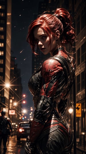 (4k), (masterpiece), (best quality),(extremely intricate), (realistic), (sharp focus), (award winning), (cinematic lighting), (extremely detailed), 

Girl with red hair in ponytail ,city at night, spider-man costume,mecha, nomask,mkscorpion